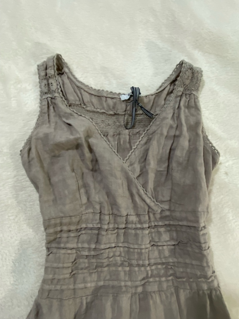 S&F 2005 Made in Italy 100% Mini Linen Dress Brown Crochet Fairy Cottagecore XS - Picture 8 of 13